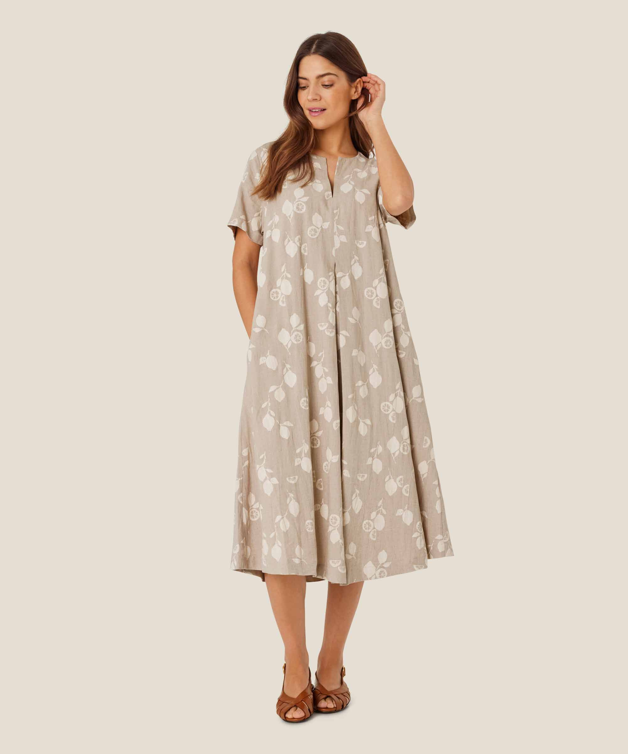 robe imprimée en lin mélangé avec poches latérales, Natural