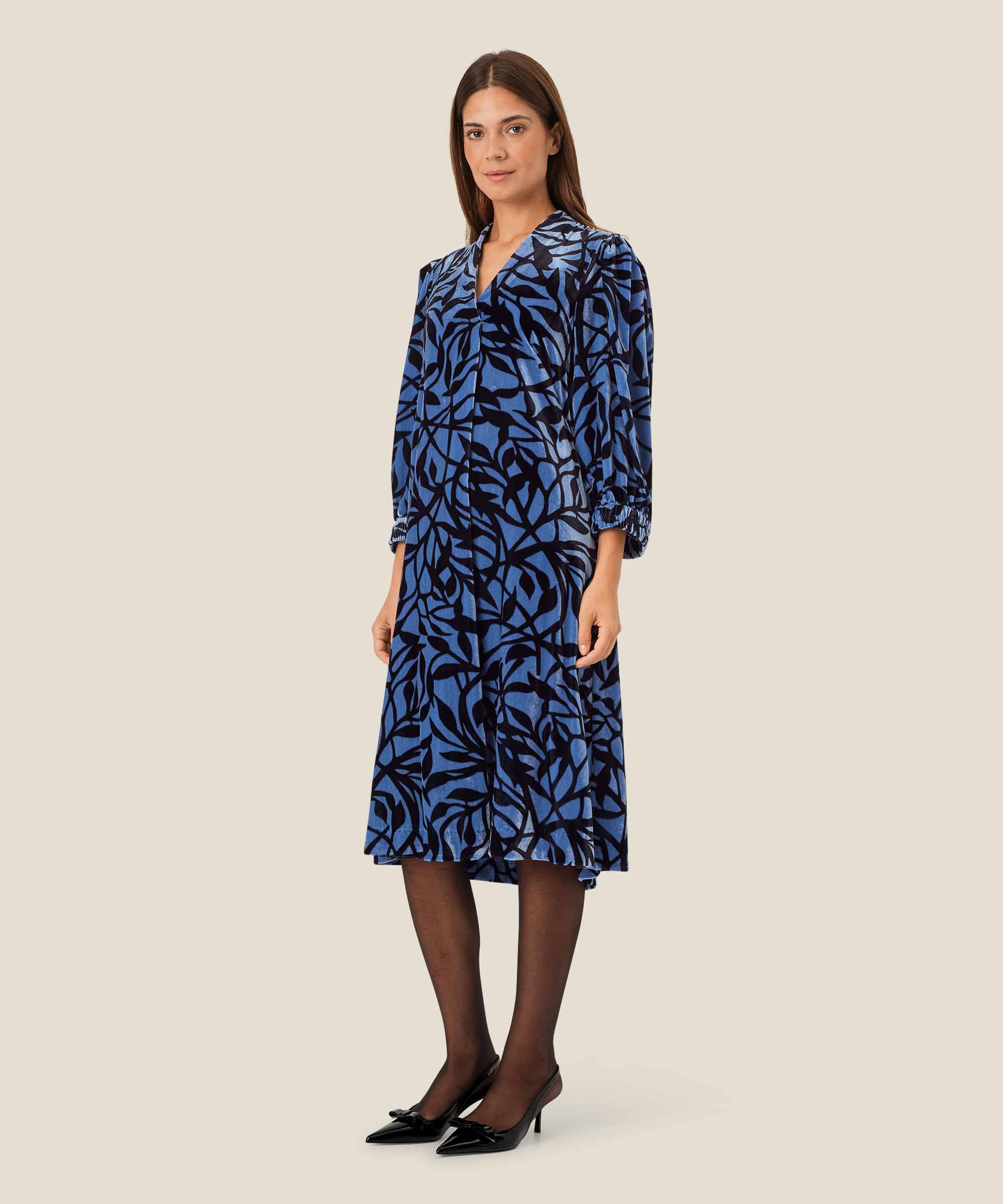 robe en velours imprimé avec col en V, Federal Blue