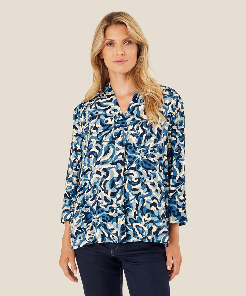 blouse en viscose imprimée avec col en V, Ashley Blue