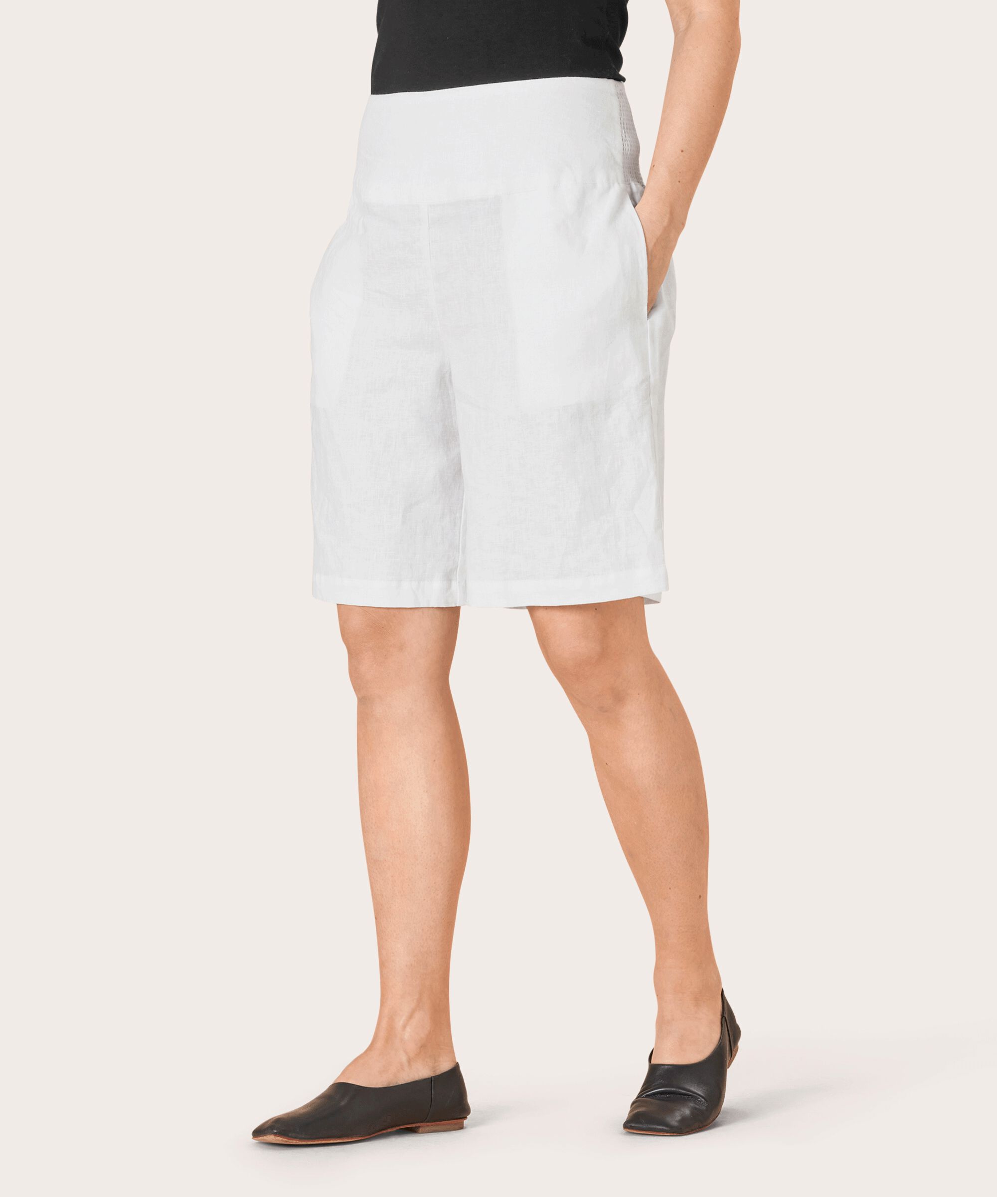 Short En Lin Avec Élastique Smocké Au Dos, White