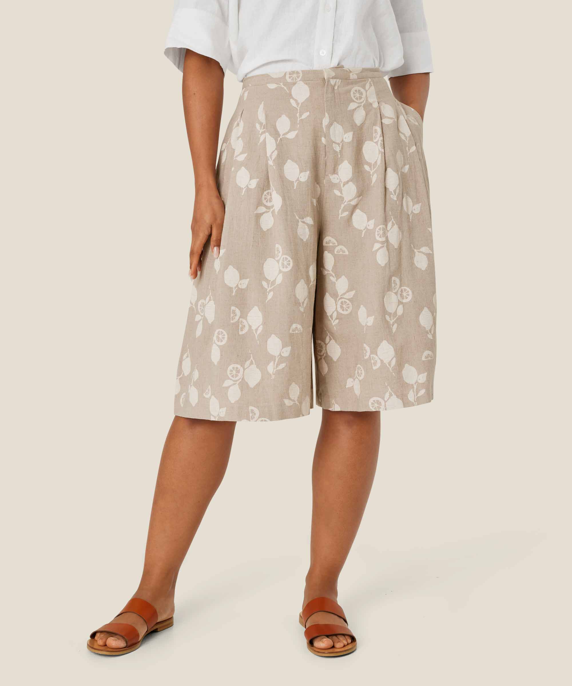 short imprimé en lin mélangé avec taille fixe, Natural