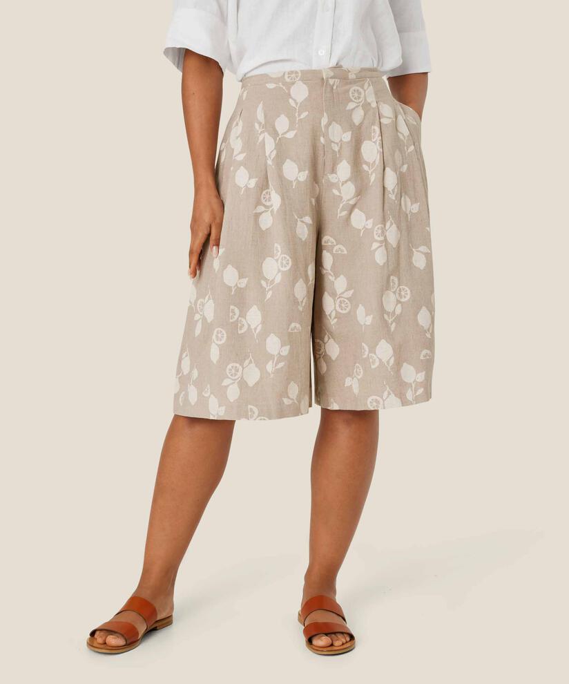 short imprimé en lin mélangé avec taille fixe, Natural