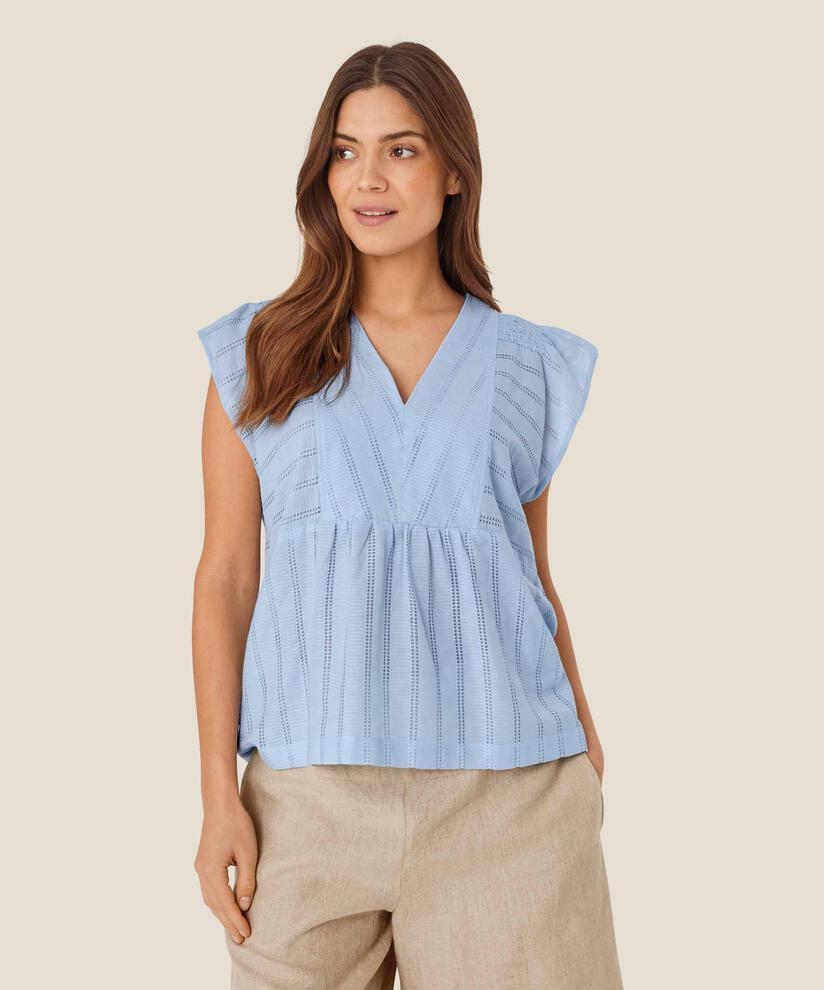 top en coton à motif creux avec col en V, Cel Blue