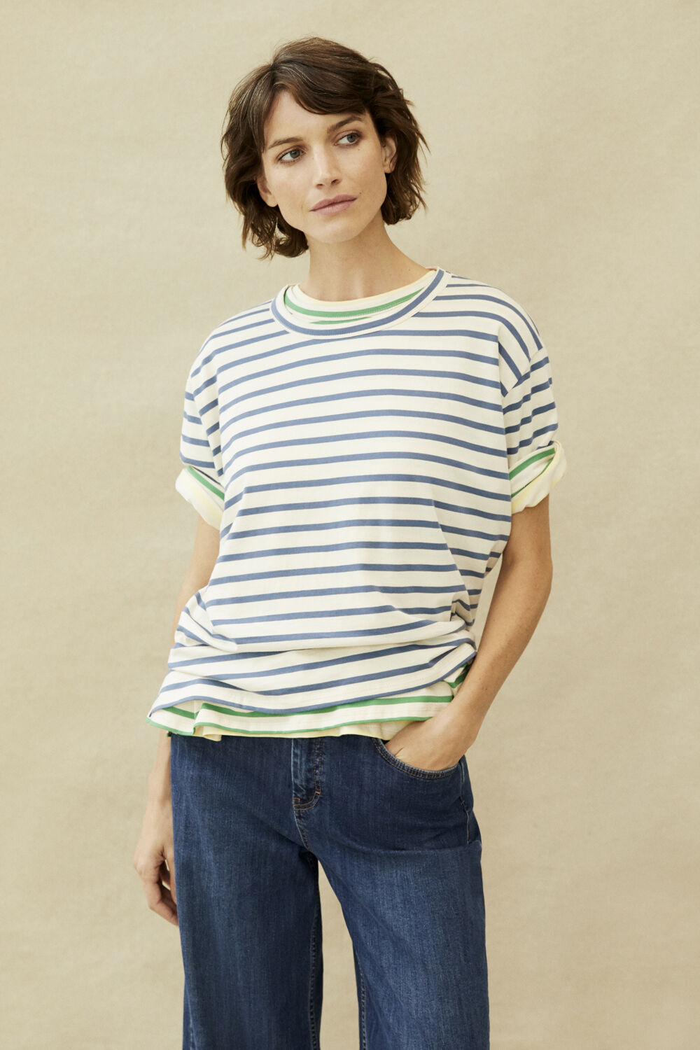 t-shirt ray&eacute; &agrave; col rond - Ensign Blue, t-shirt ray&eacute; &agrave; col rond - Mint Green, t-shirt ray&eacute; &agrave; col rond - Lemonade, Jean slim stretch avec poches - Medium Denim