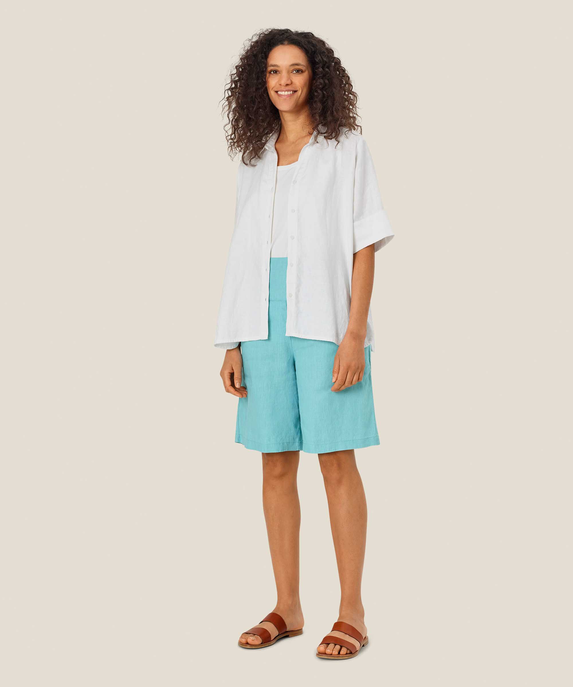 Short En Lin Avec Élastique Smocké Au Dos, Aqua