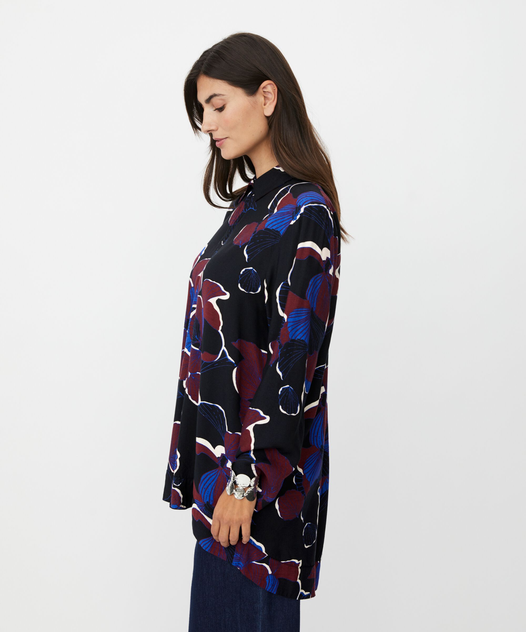 tunique en viscose fleurie avec détail boutonné au niveau du cou, Tawny Port