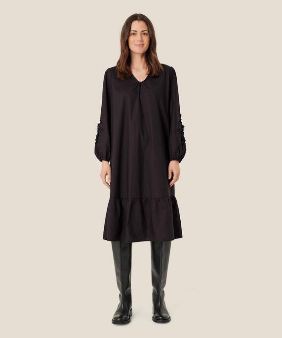 robe avec col en V et détails floraux, Black
