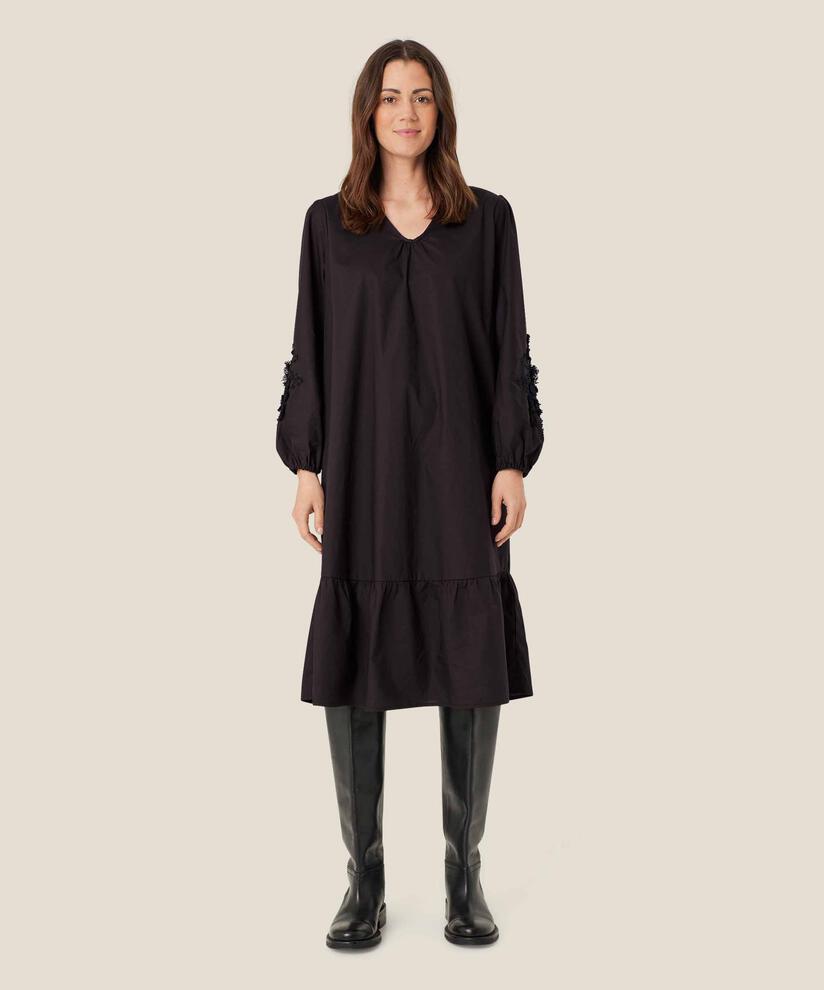 robe avec col en V et détails floraux, Black