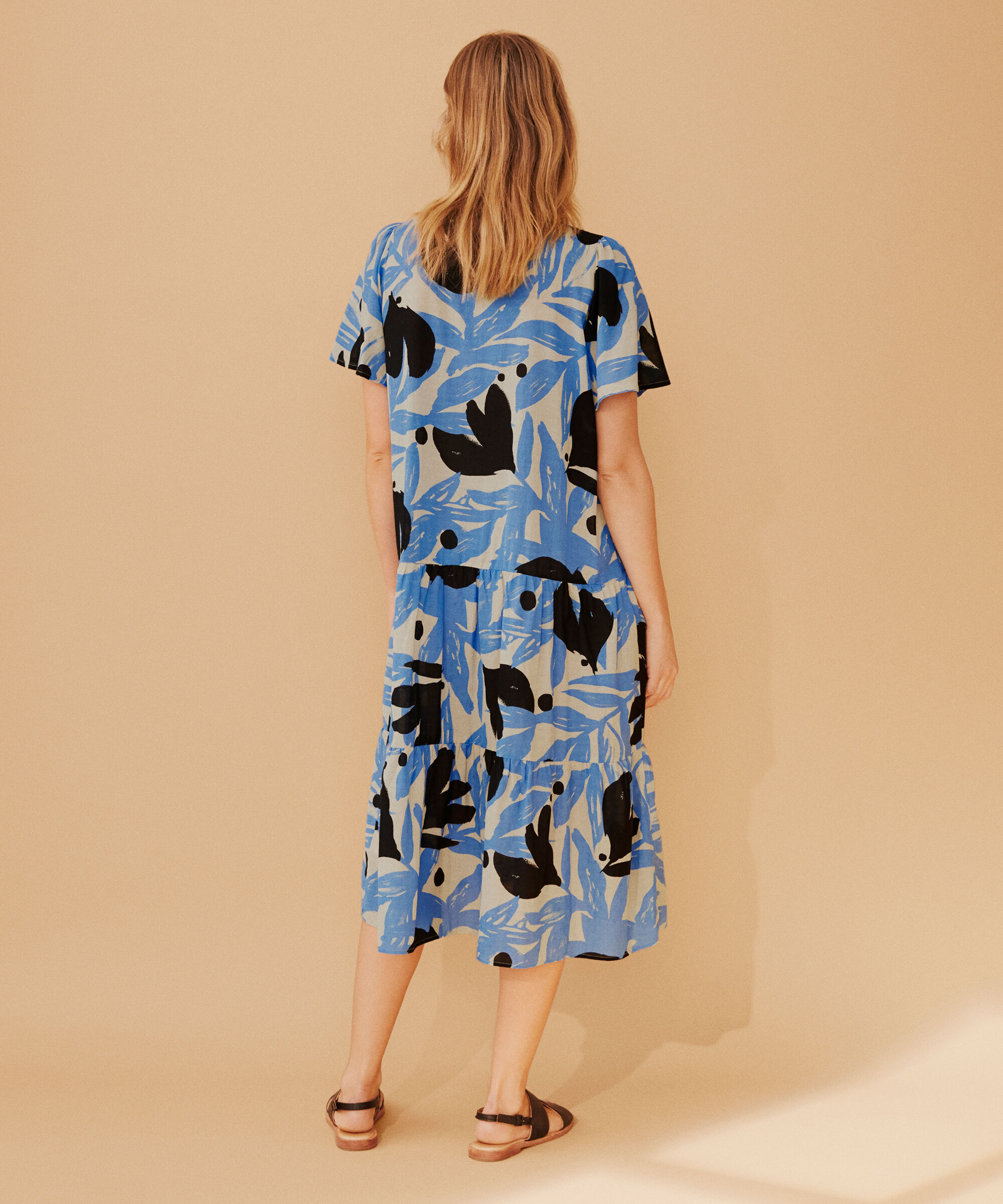 robe en coton mélangé imprimé à manches chauve-souris, Marina