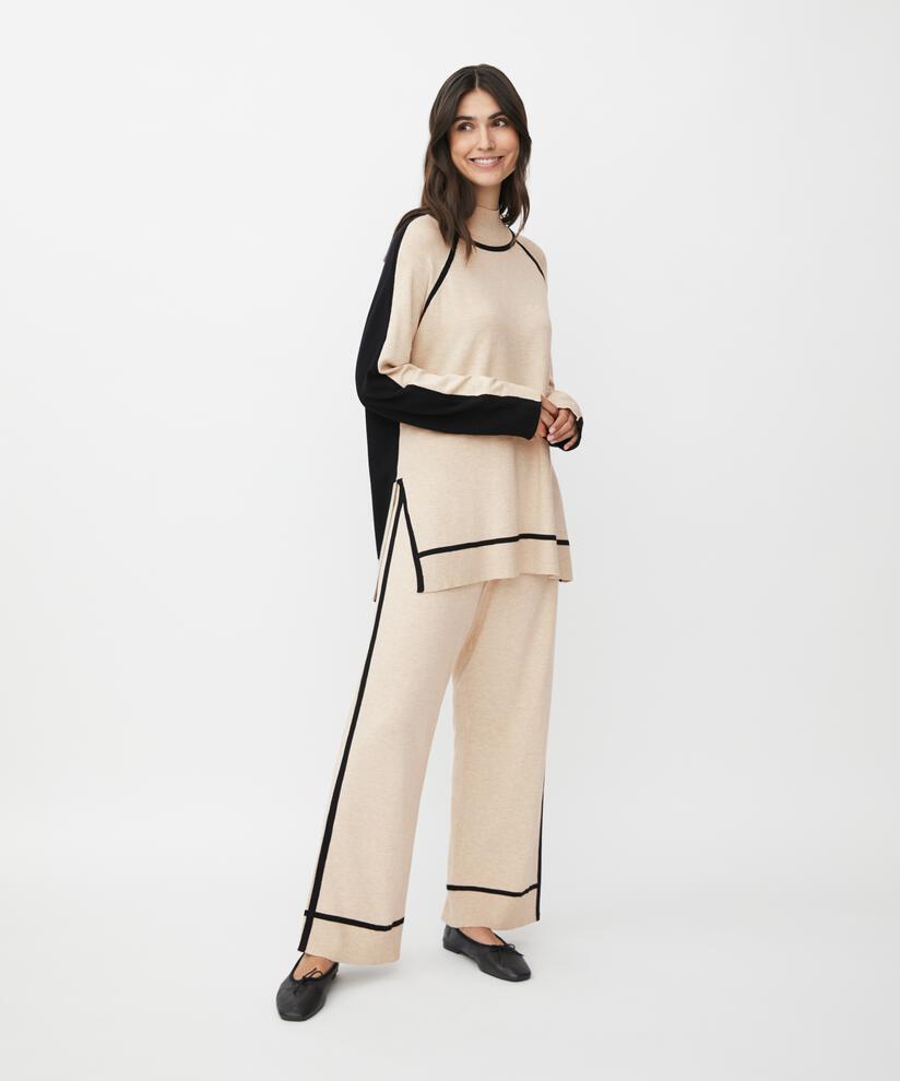 pantalon en maille fine à rayures contrastées, L beige mel