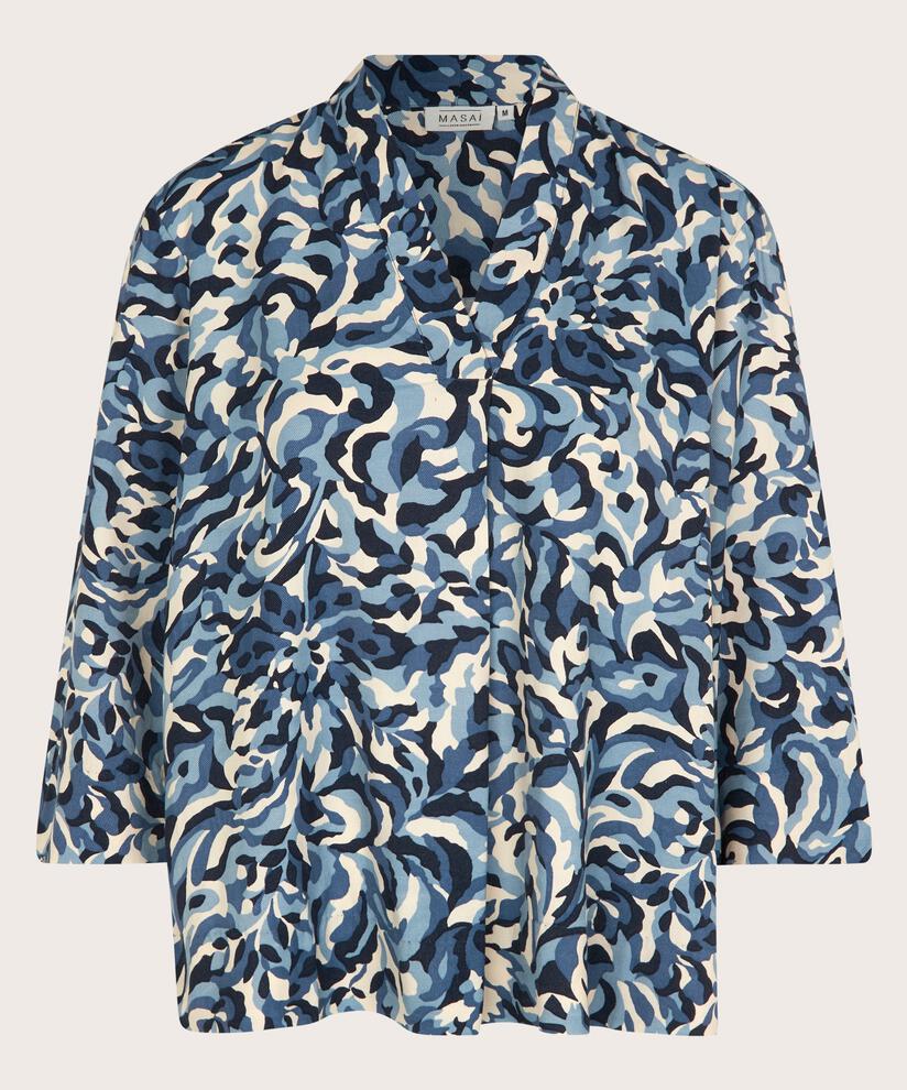 blouse en viscose imprimée avec col en V, Ashley Blue