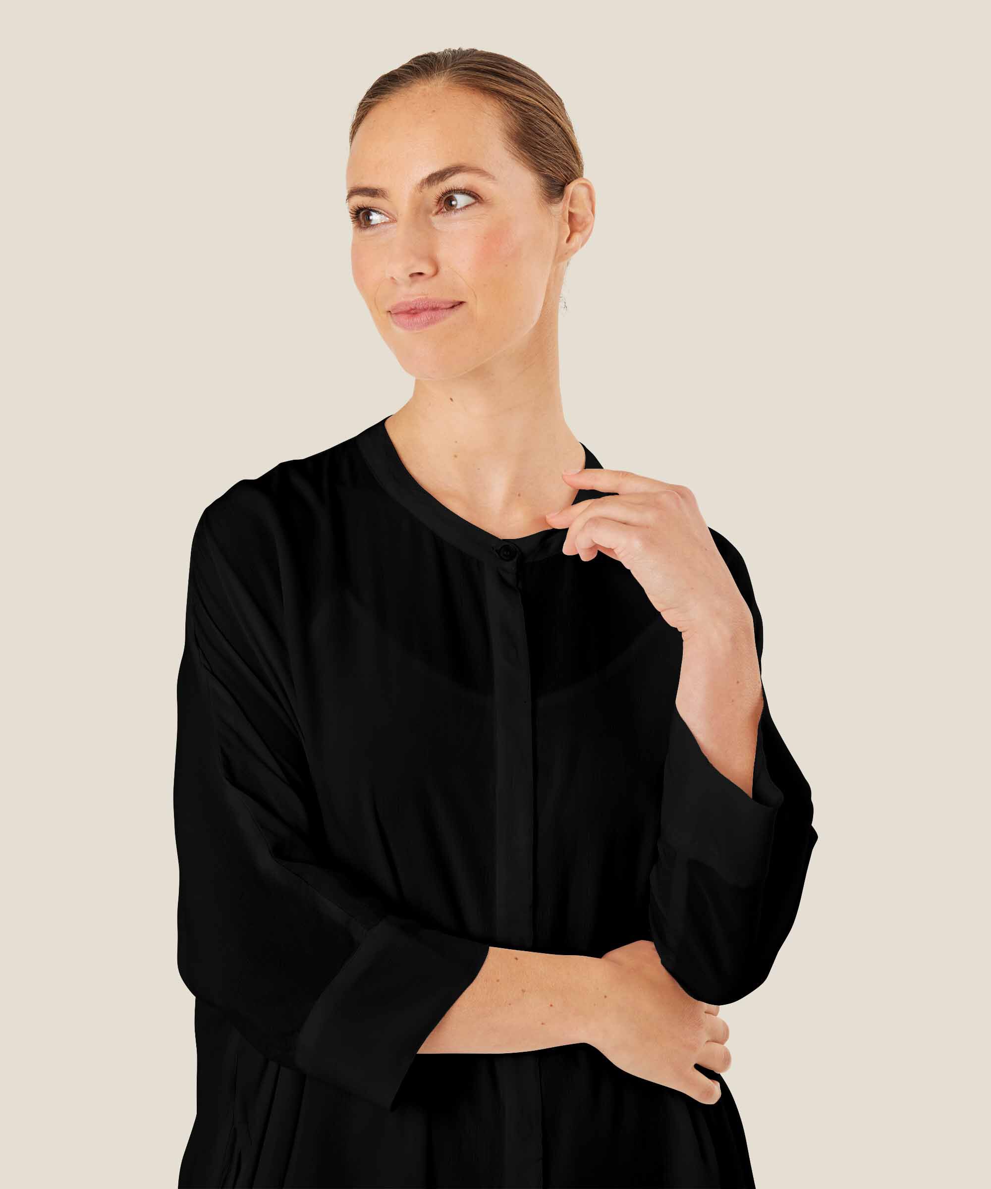 Robe Chemise En Viscose À Manches Trois-quarts, Black