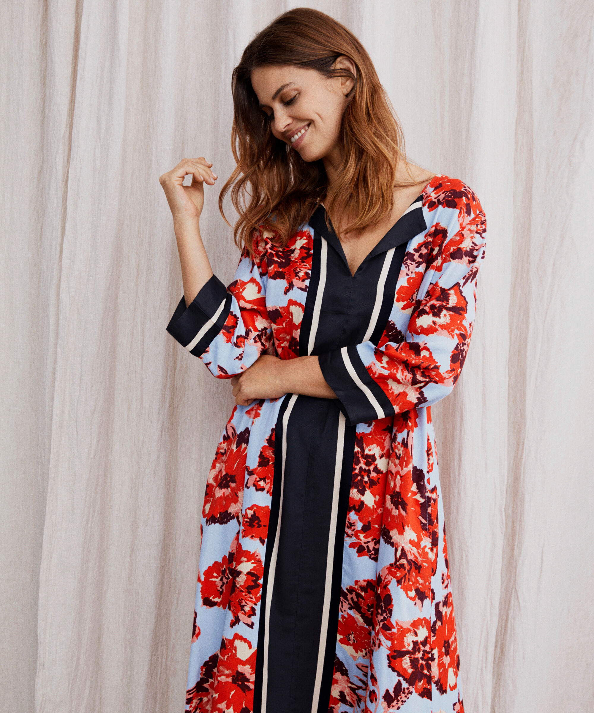 robe en viscose avec col en V et ceinture amovible, Orange com