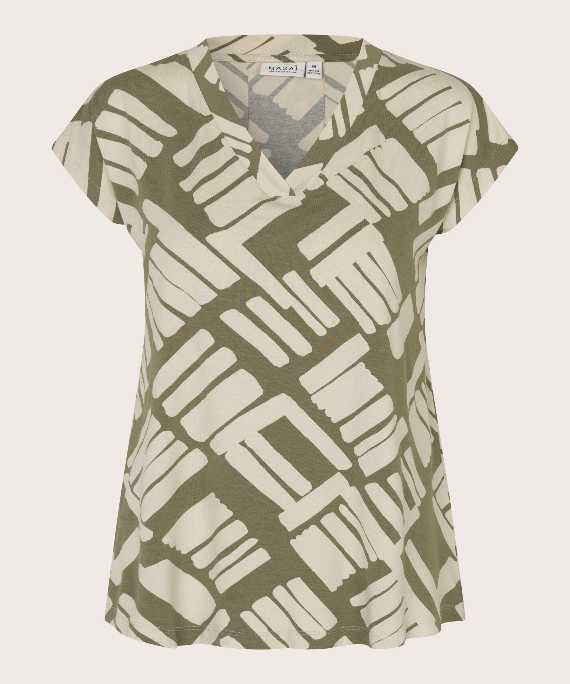 t-shirt imprimé à col en V, Dusky Green