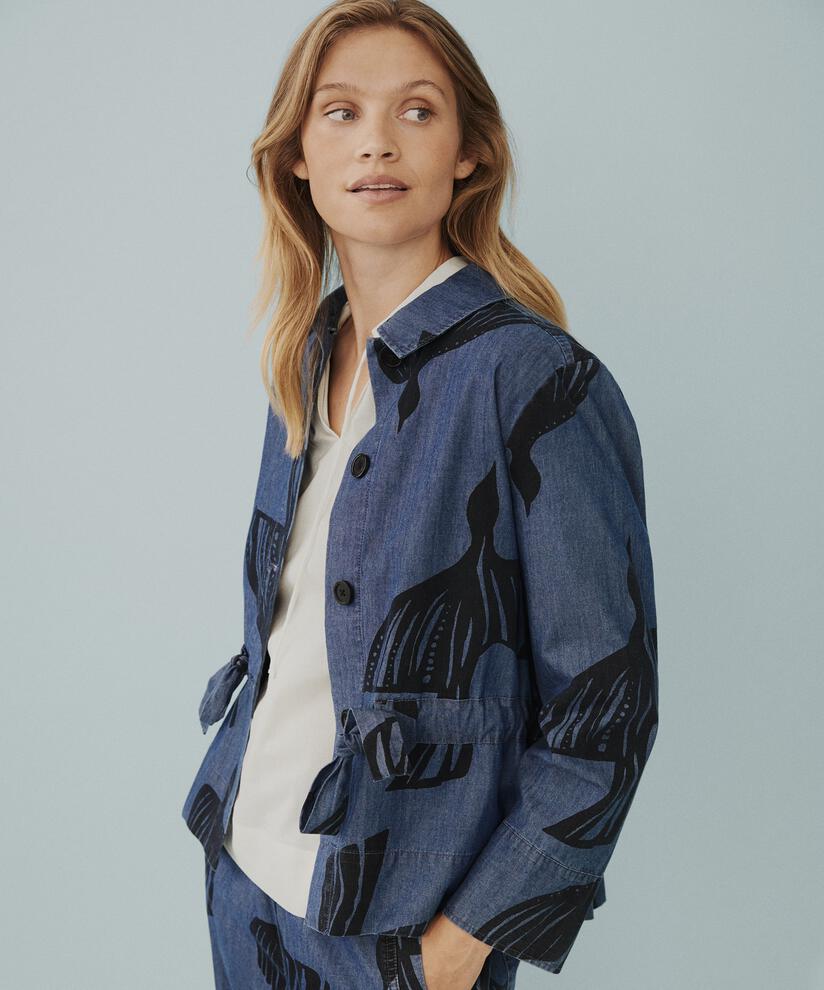 veste en jean imprimée avec lien à la taille, Dark Denim