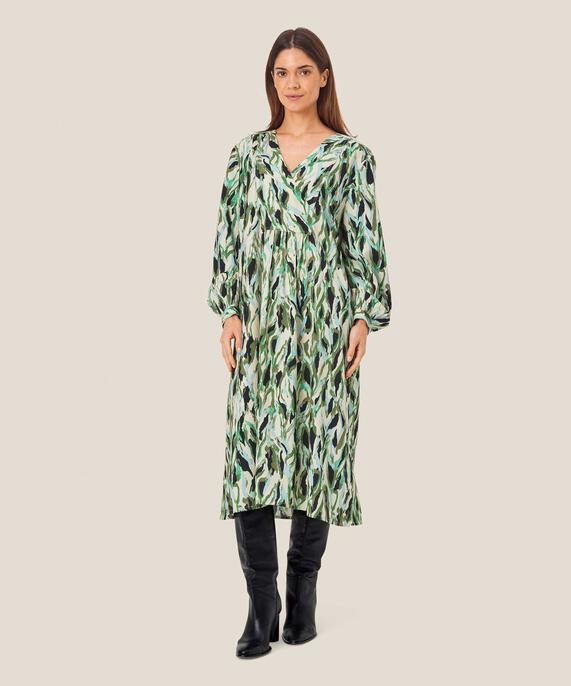 Robe imprimée en viscose mélangée avec col en V et plis au dos, D. Lichen Green