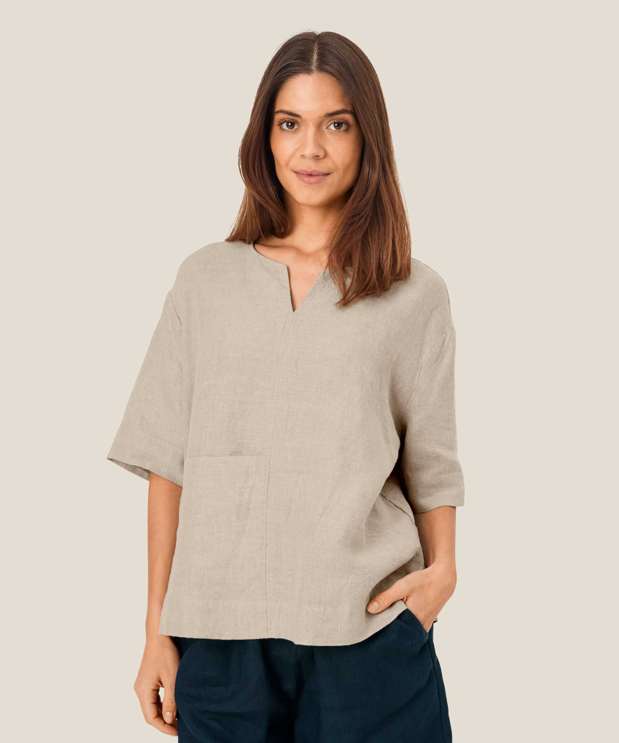 Blouse en lin avec poche avant, Natural