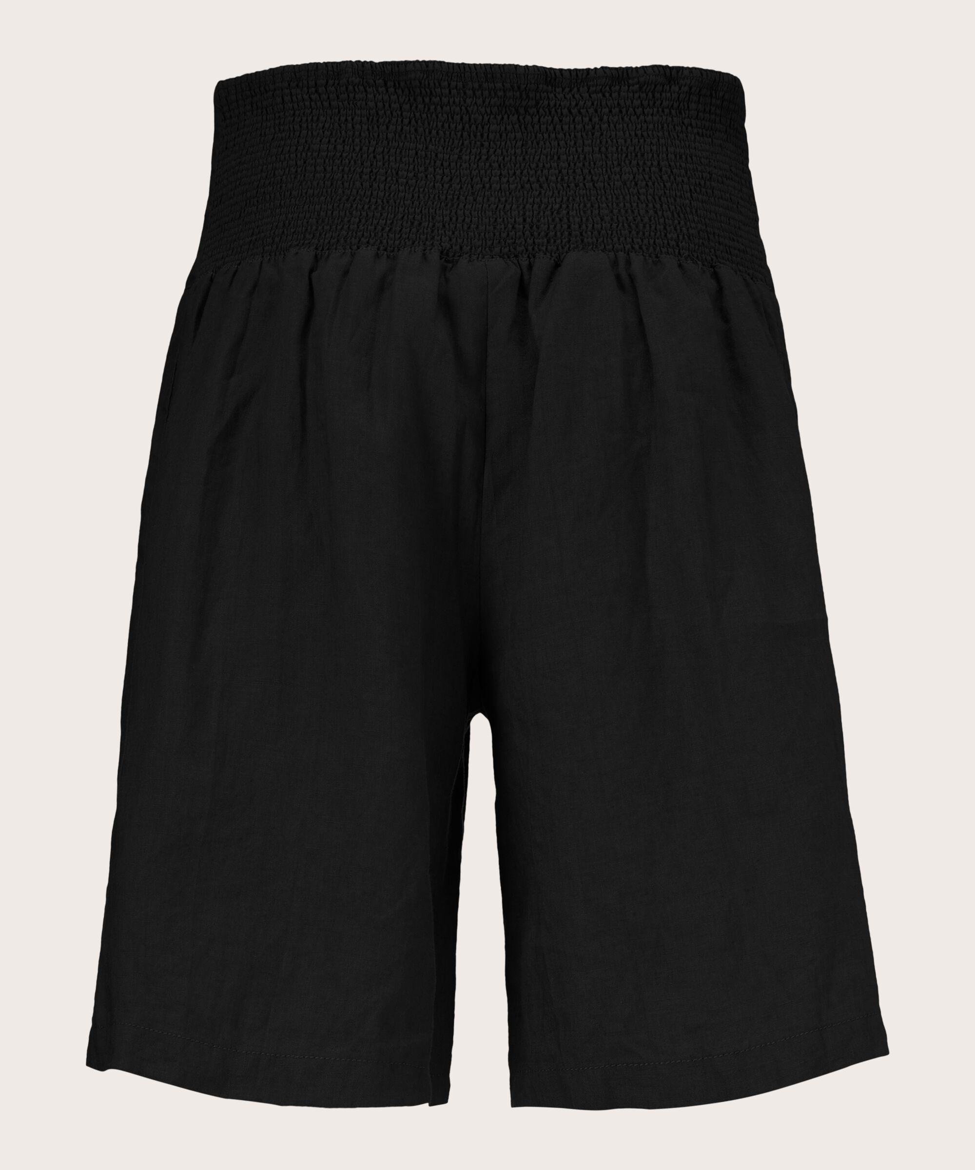 Short En Lin Avec Élastique Smocké Au Dos, Black