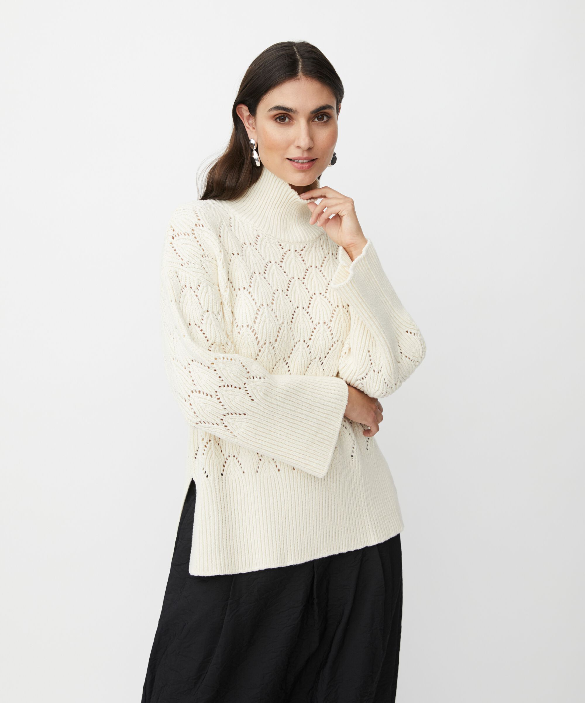 pull tricoté avec motif de dentelle décorative et col roulé, Whitecap