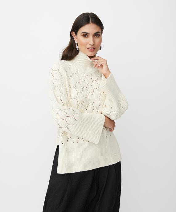 pull tricoté avec motif de dentelle décorative et col roulé, Whitecap
