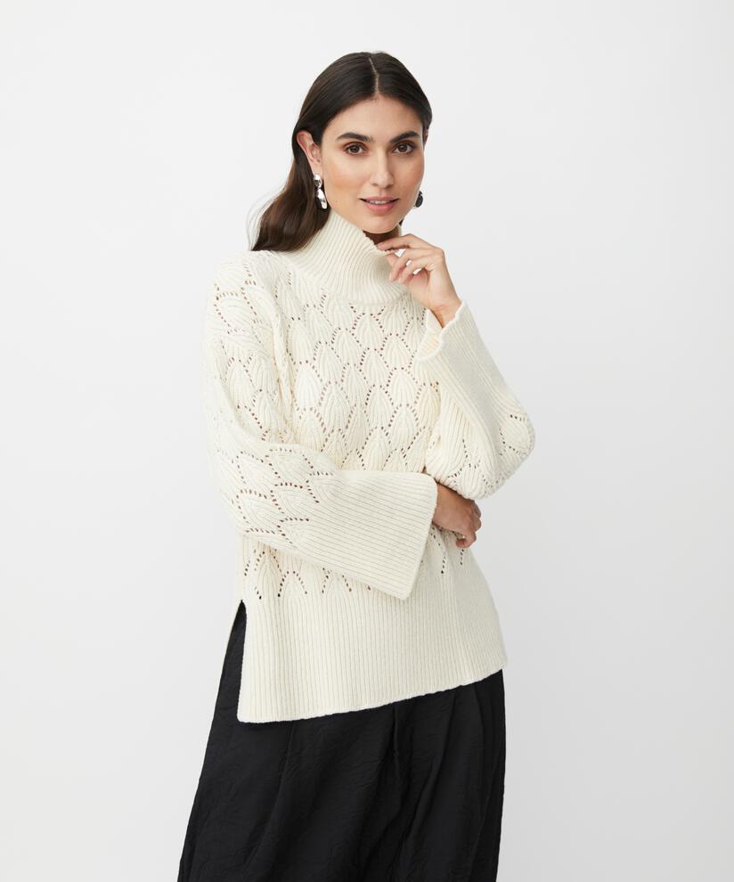 pull tricoté avec motif de dentelle décorative et col roulé, Whitecap