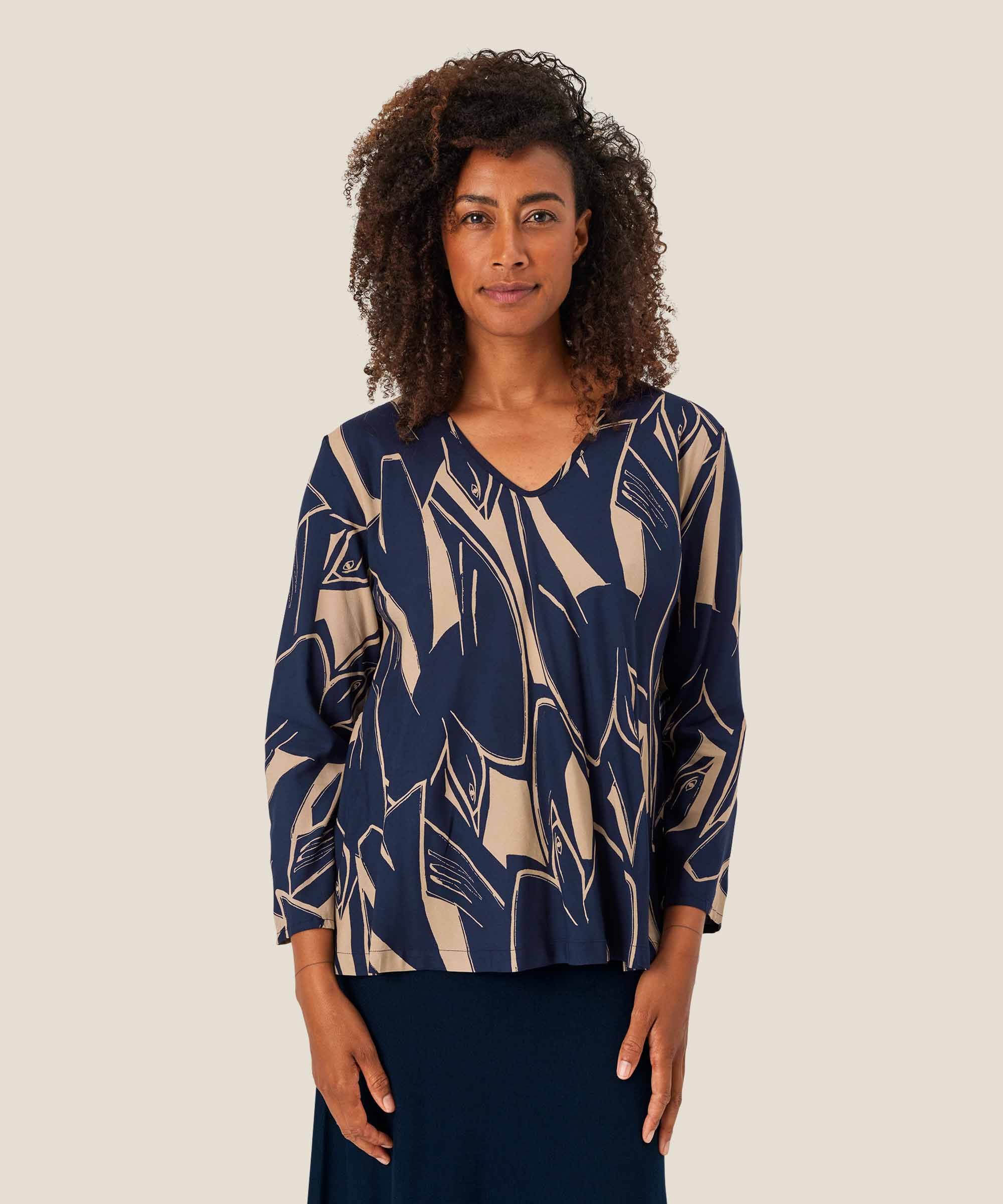 blouse en viscose à col v et manches longues, Navy Blazer
