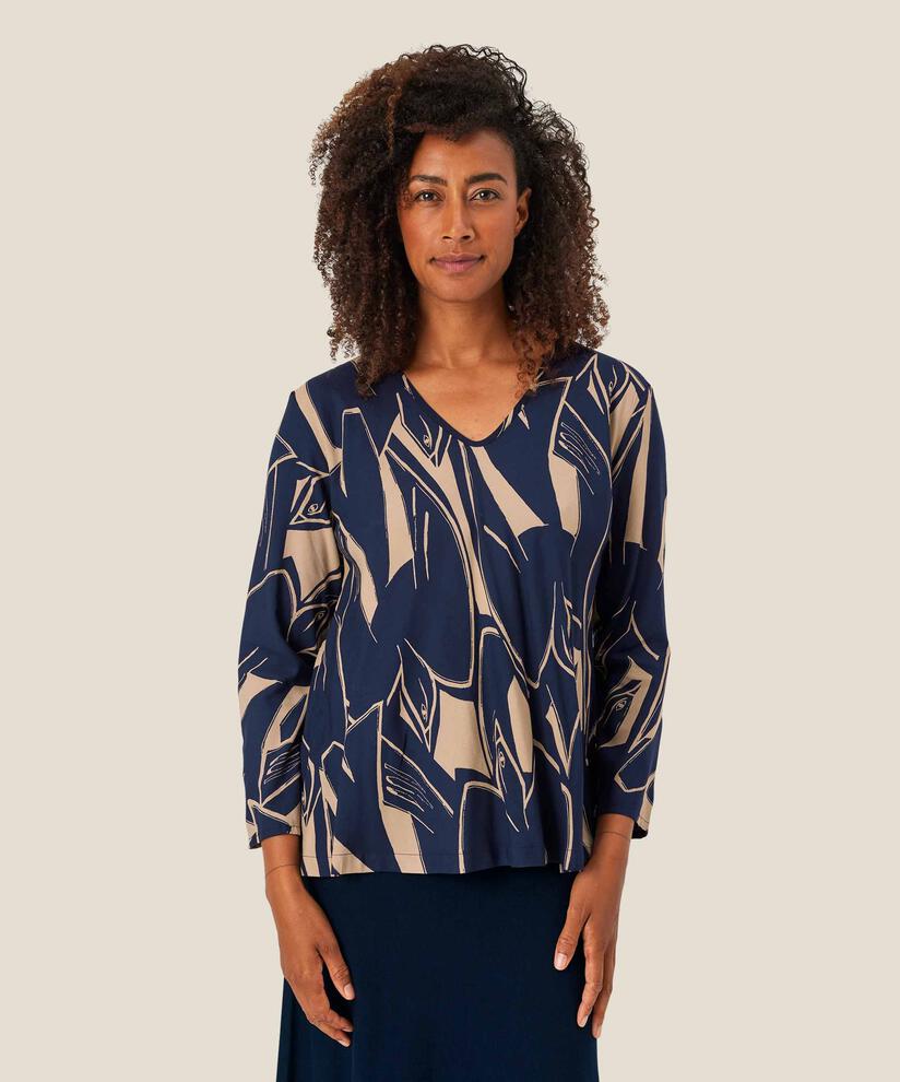 blouse en viscose à col v et manches longues, Navy Blazer
