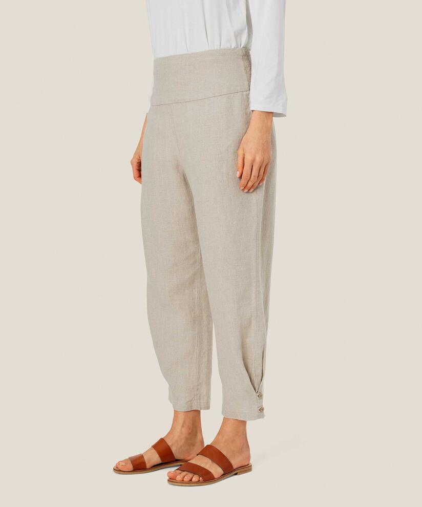 pantalon en lin avec large élastique smocké au dos et détail boutonné, Natural