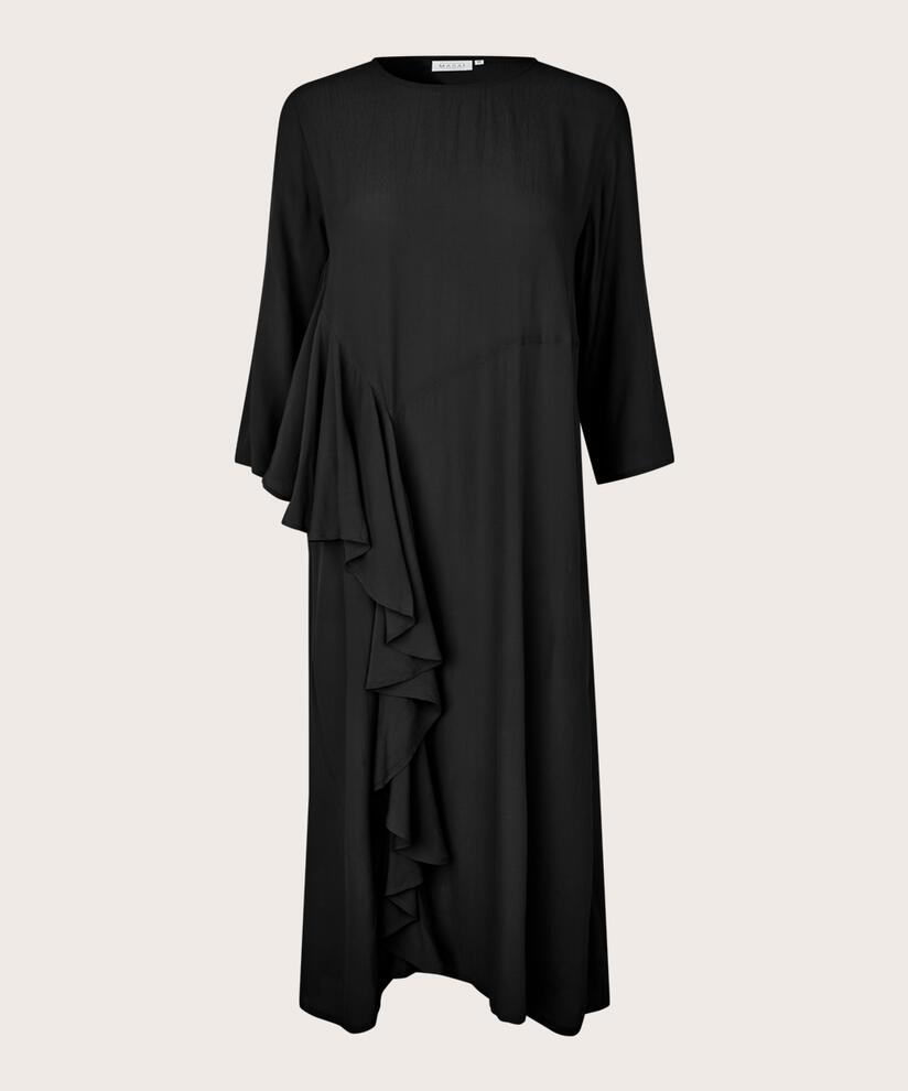 robe en viscose à col rond et volants, Black