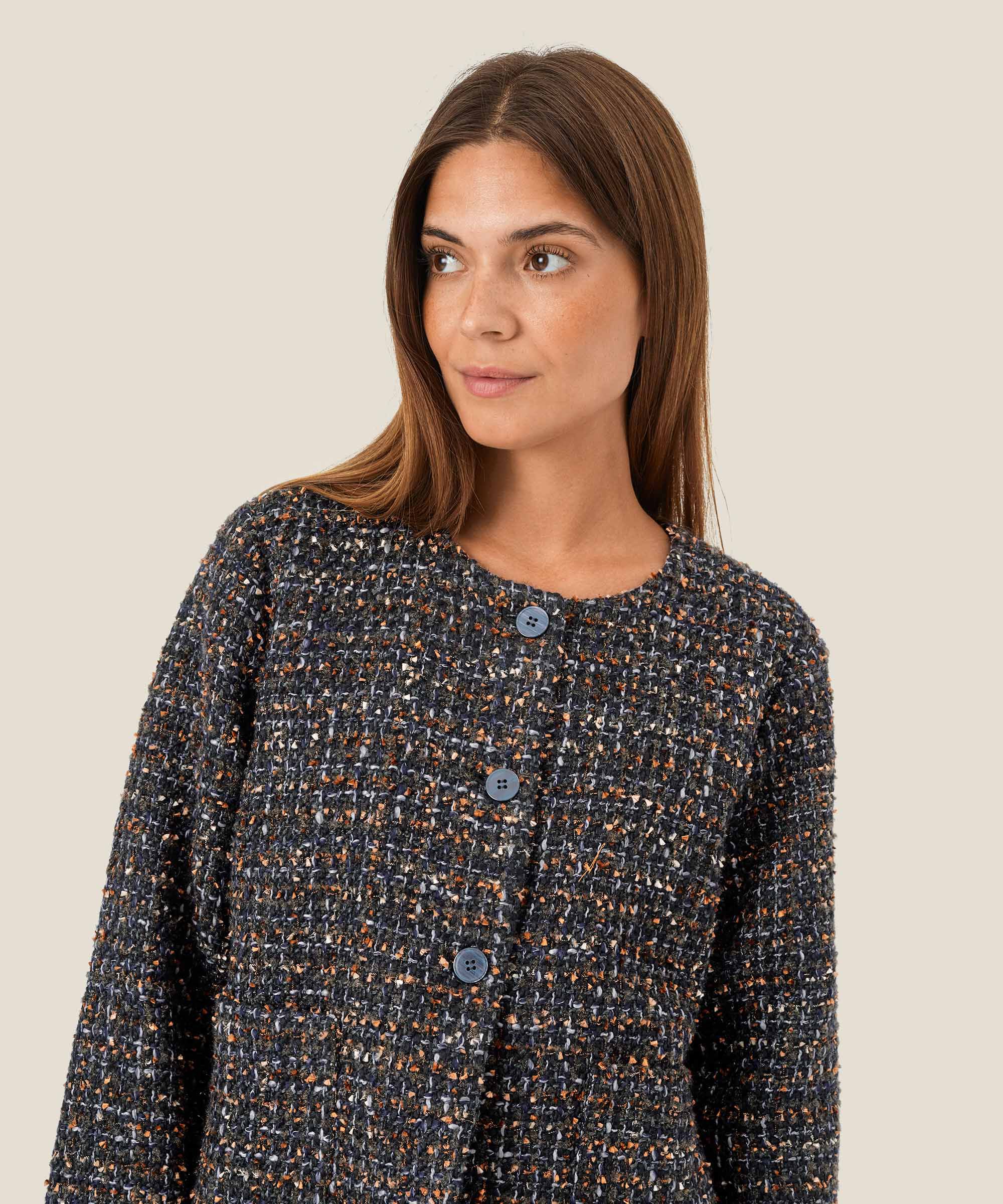 élégante veste bouclée à col rond, Black