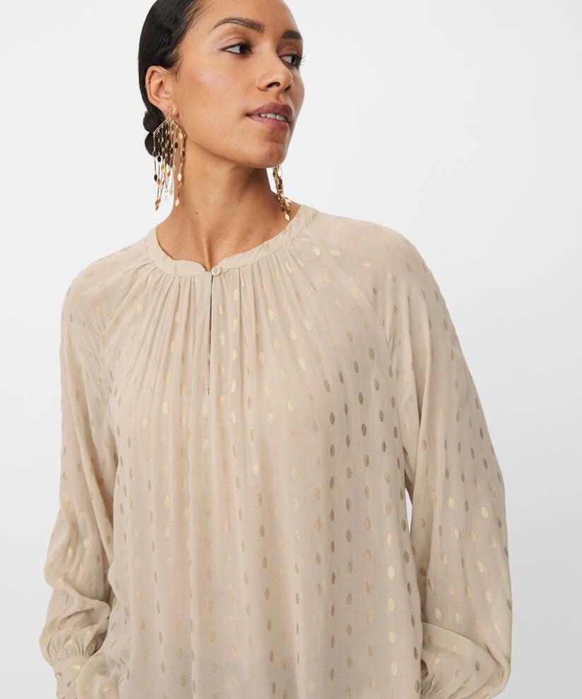 Blouse légèrement transparent à pois dorés et bouton au col, Oxford Tan
