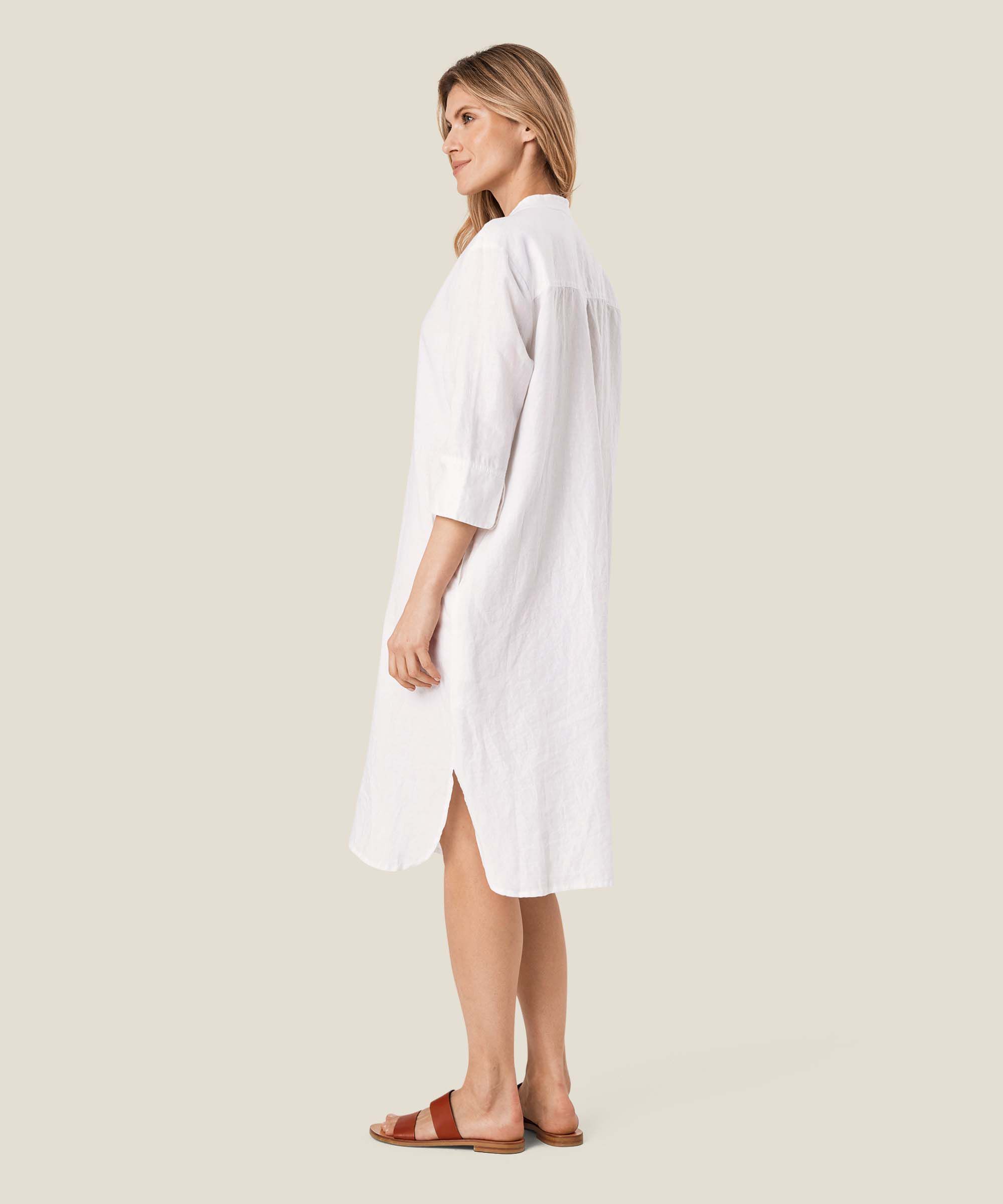 robe-chemise en lin avec manches trois-quarts, White