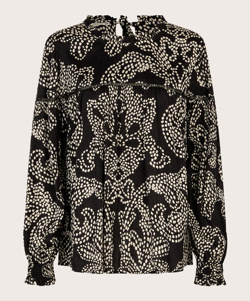 blouse avec volants au cou et dentelle, Black