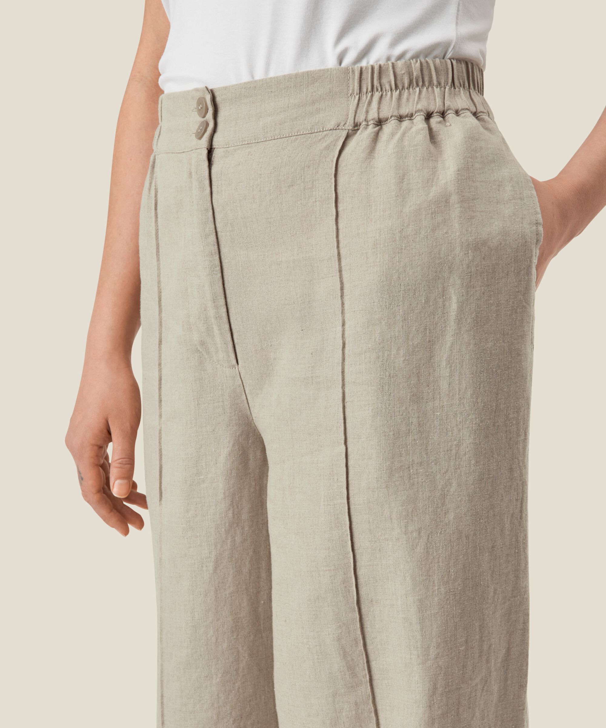 pantalon en lin avec plis cousus et taille élastiquée, Natural