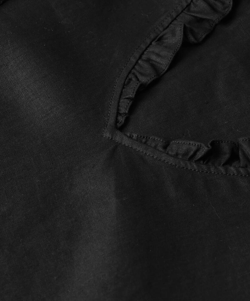 robe en lin à manches courtes et décolleté à volants, Black