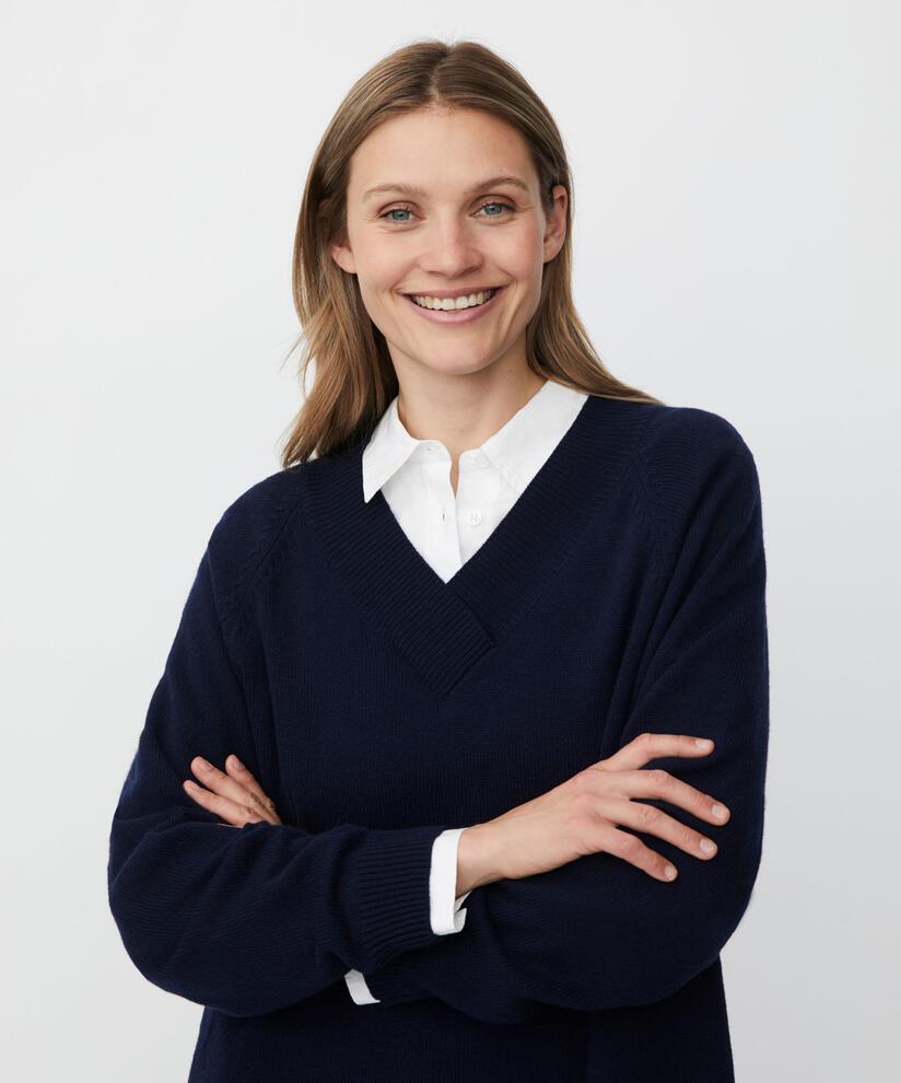 pull en laine mélangée avec col en V profond, Navy Blazer