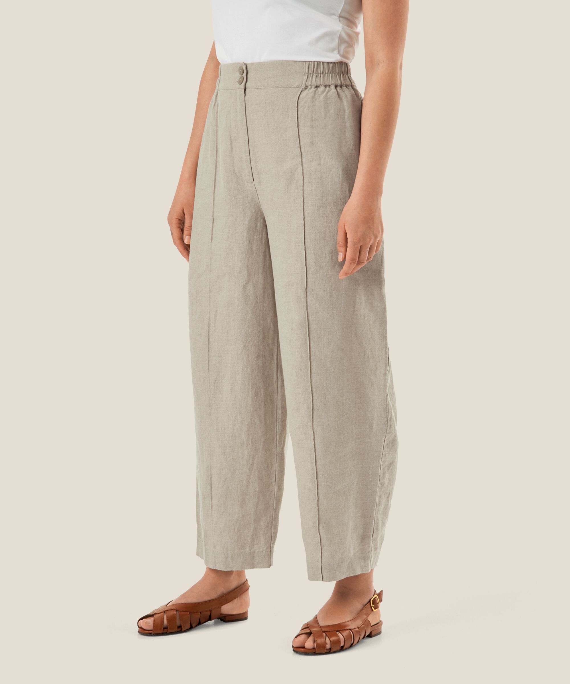 pantalon en lin avec plis cousus et taille élastiquée, Natural