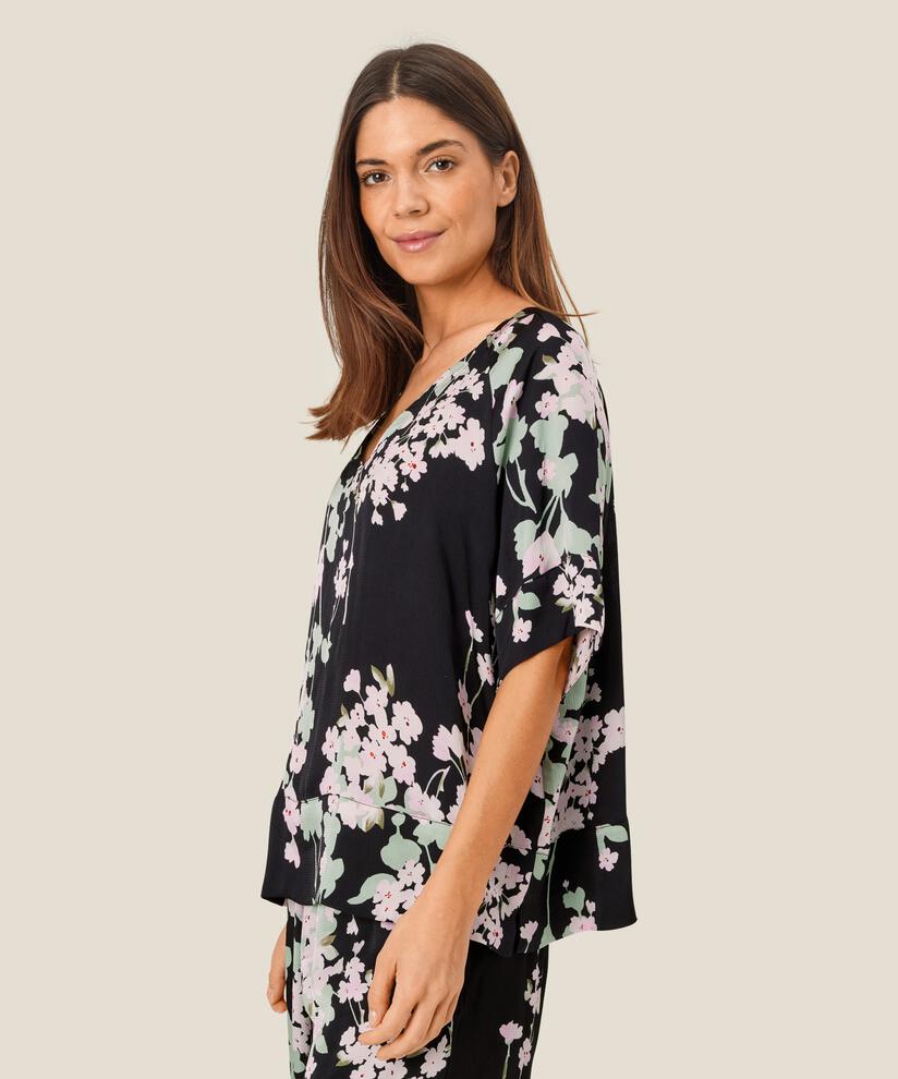 top fleuri en viscose à manches courtes, Pink Lady
