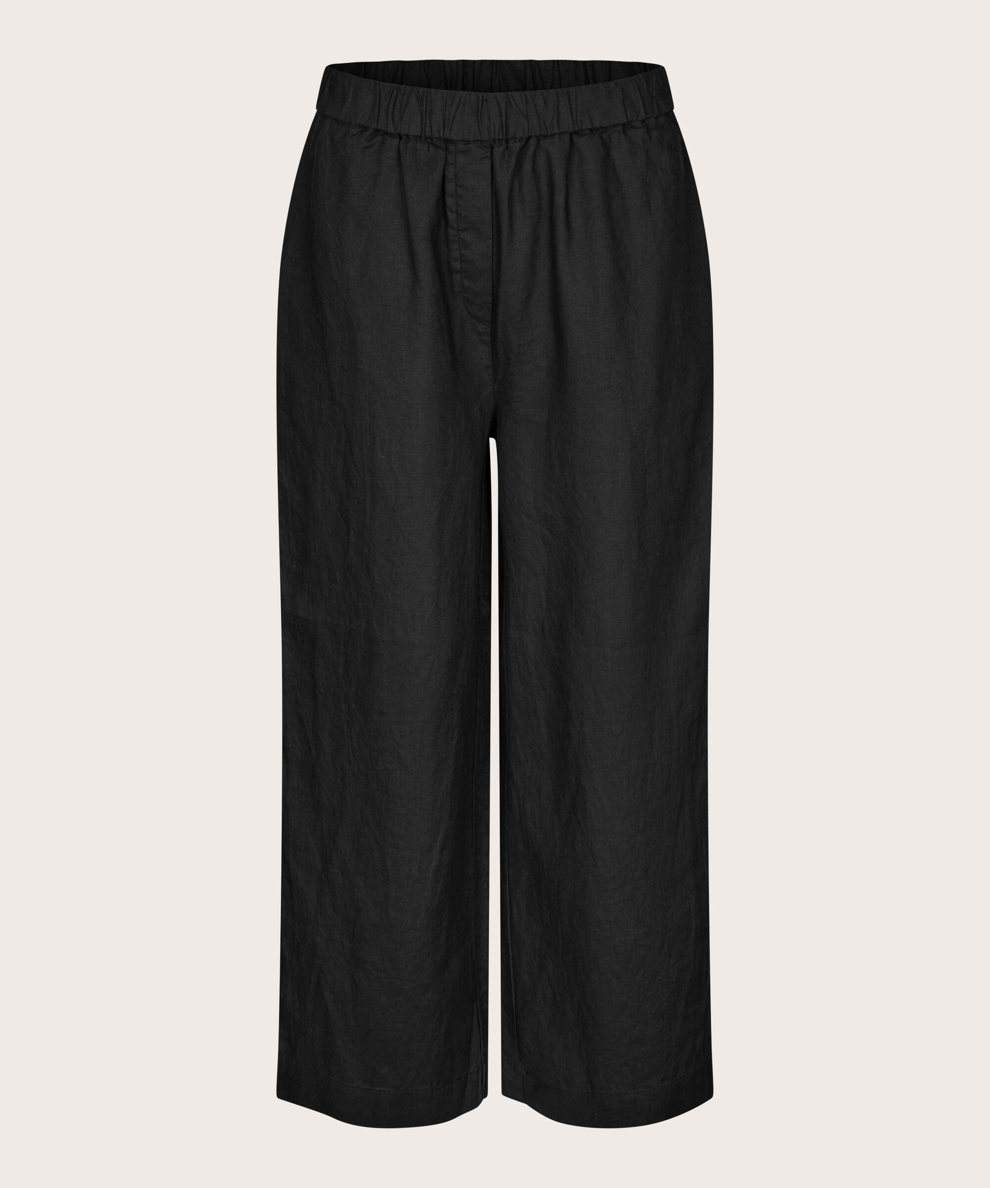 pantalon en lin à jambes larges et taille élastique, Black