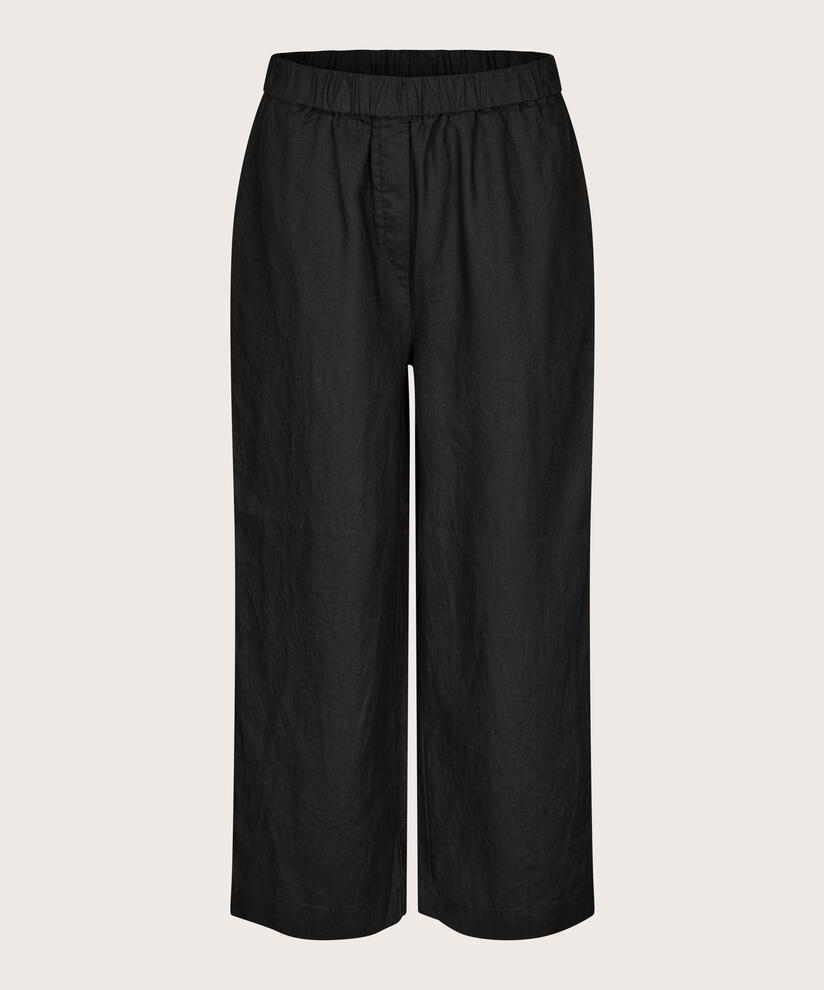 pantalon en lin à jambes larges et taille élastique, Black