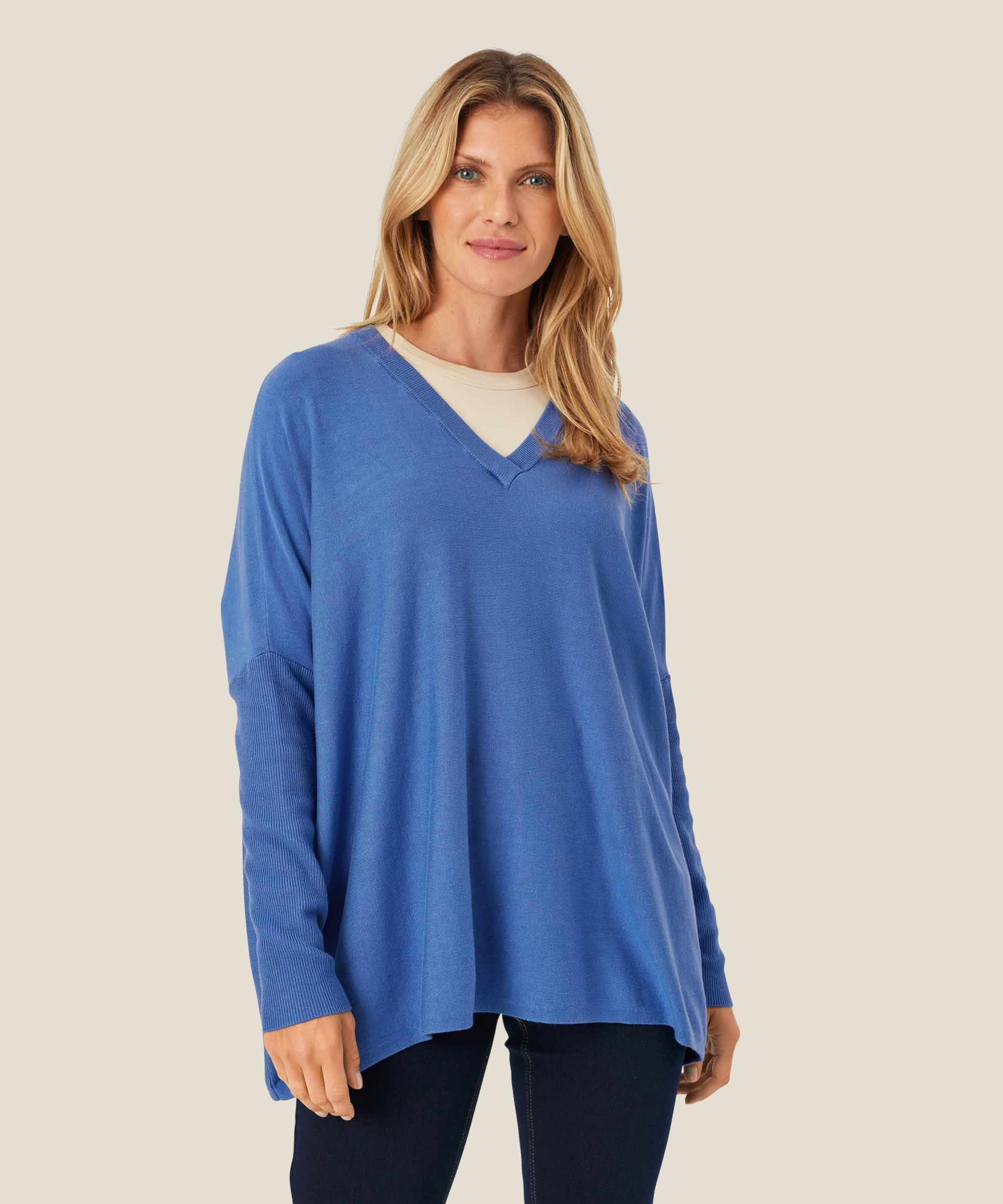 Pull En Maille Avec Col En V Et Manches Étroites, Federal Blue