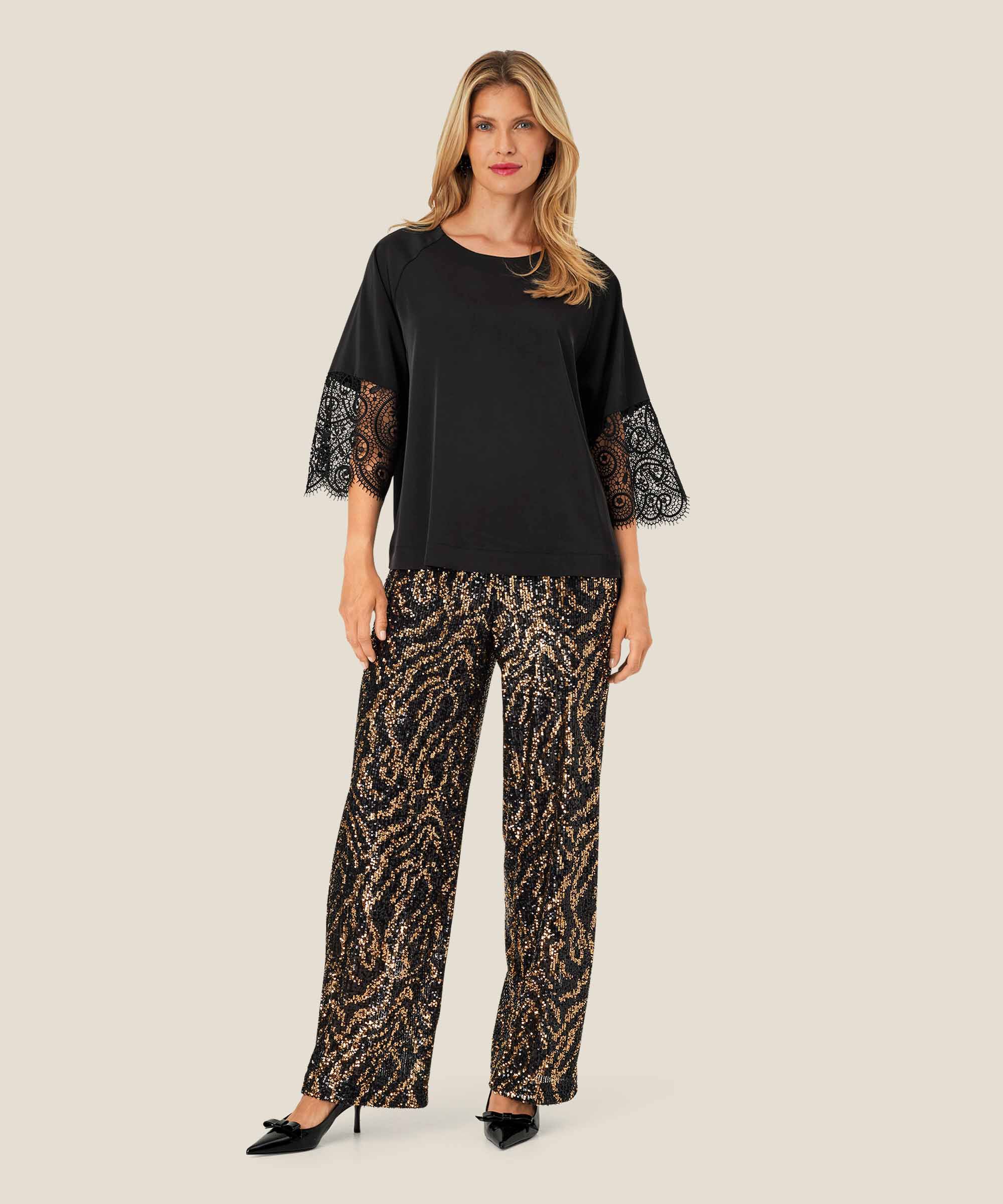 pantalon à paillettes avec élastique et zip caché, Black