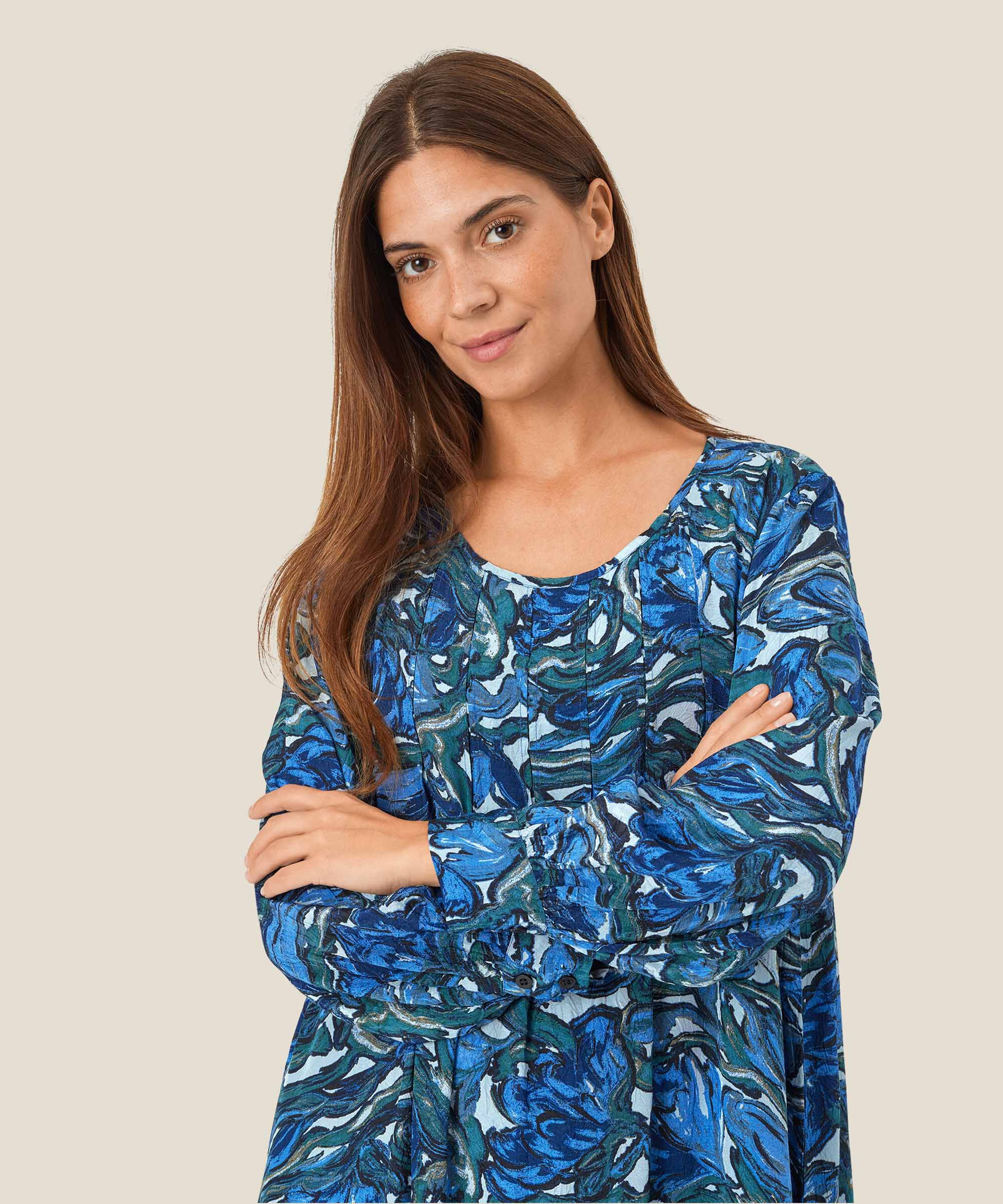 robe en viscose imprimée à manches longues, Blue Fog