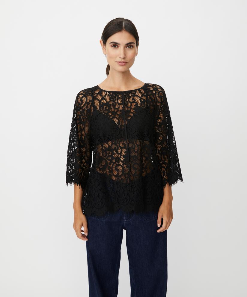 chemisier en dentelle transparente à franges, Black