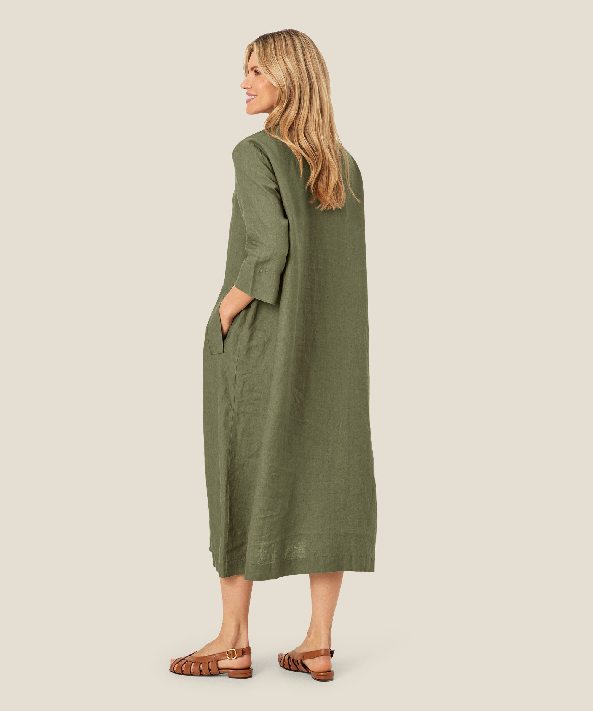 robe en lin avec col en V et poches, D. Lichen Green