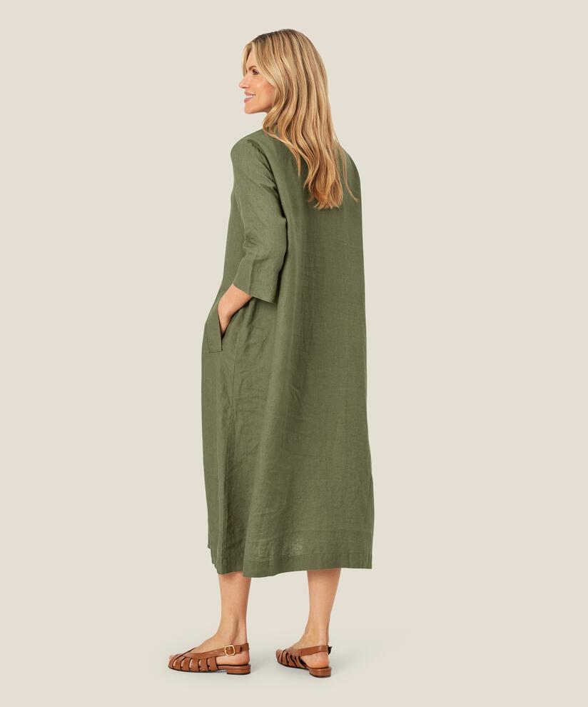 robe en lin avec col en V et poches, D. Lichen Green