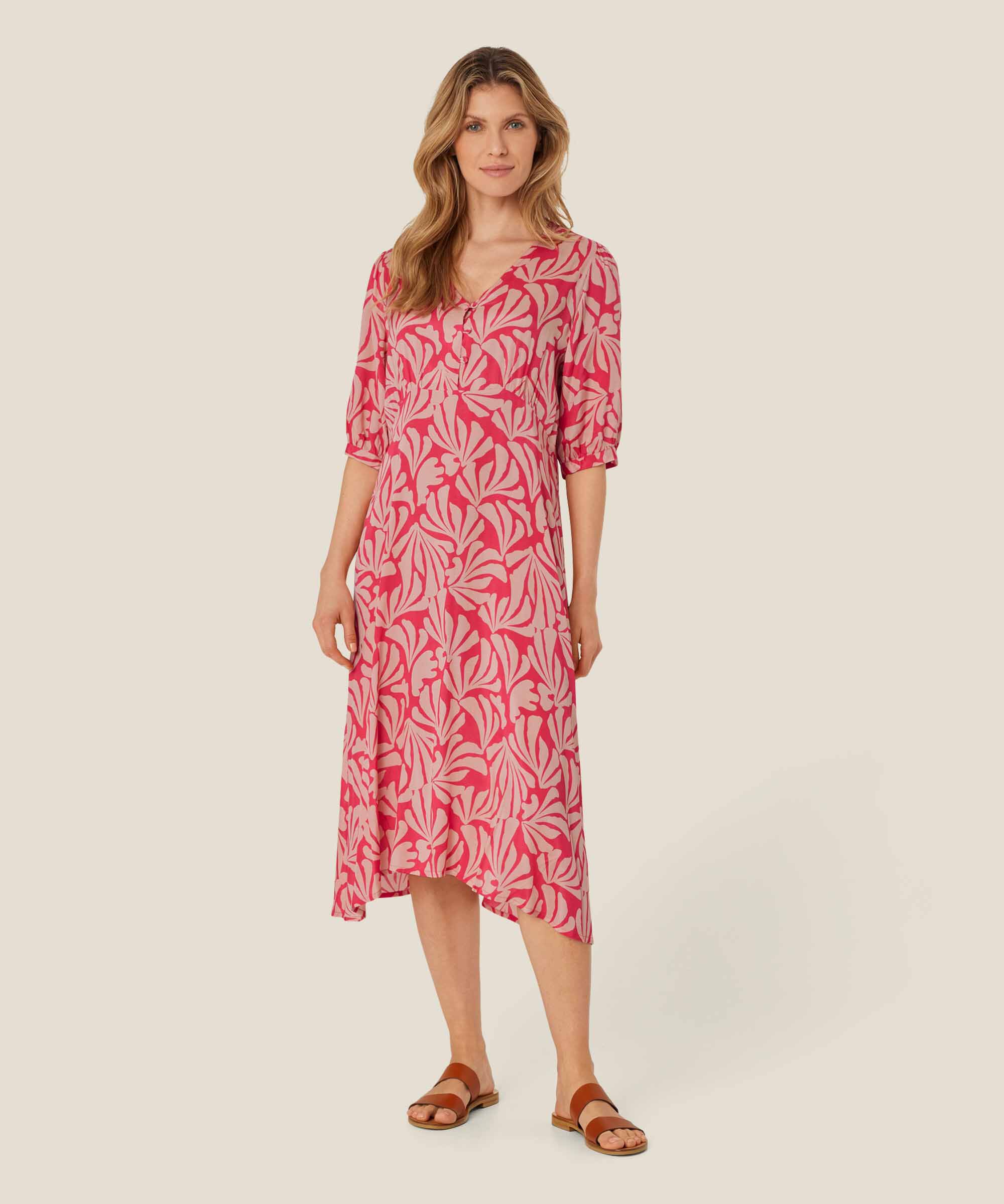 robe en viscose col V avec patte de boutonnage, Hibiscus