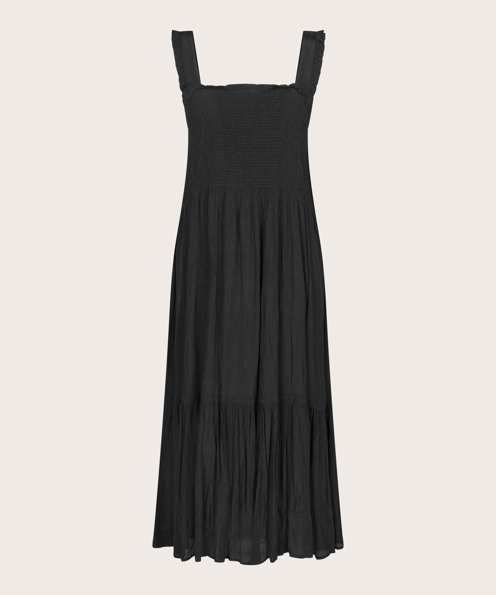 robe en viscose à bretelles et smocks sur la poitrine, Black