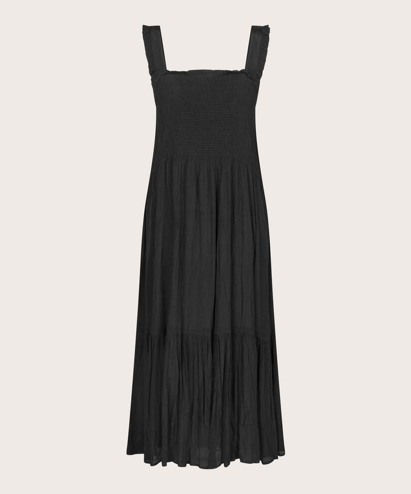 robe en viscose à bretelles et smocks sur la poitrine, Black