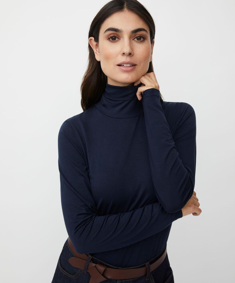 Blouse À Col Roulé En Jersey Doux, Navy Blazer